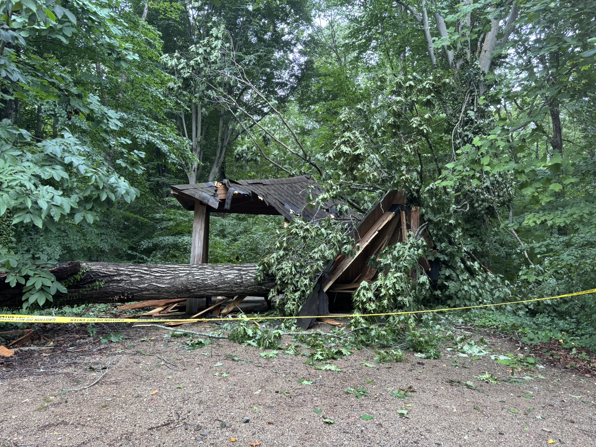 Stanback_Shelter_Tree_Caution A fallen tree rests across the severely damaged roof of a small wooden shelter in Stanback Educational Forest, with caution tape blocking access.