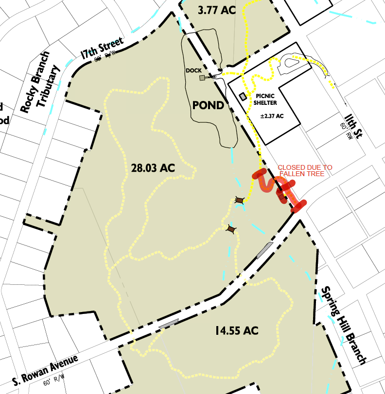 image004 Map of Stanback Educational Forest showing the closed trail section between Rowan Avenue and the main loop near the damaged shelter.