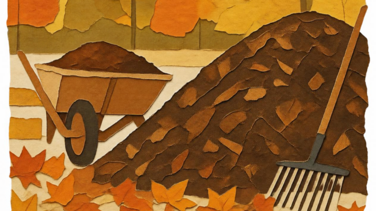 Illustrated autumn scene with a large pile of mulch, a wheelbarrow, a garden rake, and colorful fallen leaves.