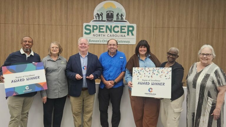 Group photo of most members of the Town of Spencer Board of Aldermen on October 8, 2026, including Mayor Pro Tempore Rashid Muhammad, Alderwoman Patricia Sledge, Alderman Steve Miller, Alderwoman Erin Moody, Alderwoman Pamela Stanley, and Alderwoman Patti Secreast, joined by Special Projects Planner Joe Morris.