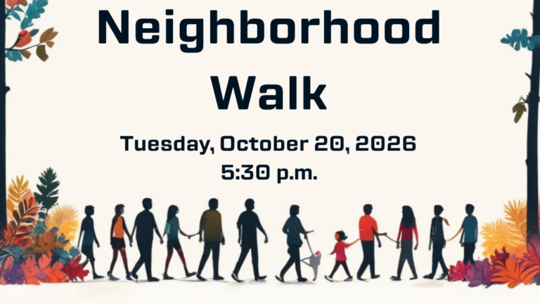 Neighborhood Walk flyer for Spencer, North Carolina. Event scheduled for Tuesday, October 20, 2026, at 5:30 p.m., with decorative autumn-themed artwork and walking silhouettes.