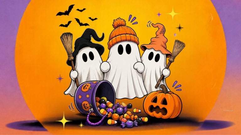 Colorful Halloween illustration of three friendly ghosts wearing hats, with two holding brooms. A tipped-over candy bucket and scattered candy sit in front of them beside a jack-o'-lantern, with bats and a large orange moon in the background.