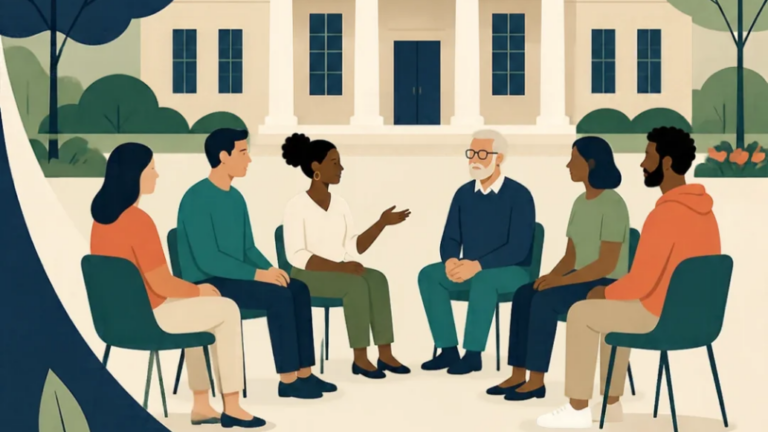 Illustration of six adults seated in a circle outside a large civic-style building with columns, tall windows, and dark blue double doors. One seated person gestures while the other participants face toward the center of the group. Trees, shrubs, flowers, and landscaping frame the outdoor setting. The illustration uses a soft palette of cream, green, navy, teal, and orange.