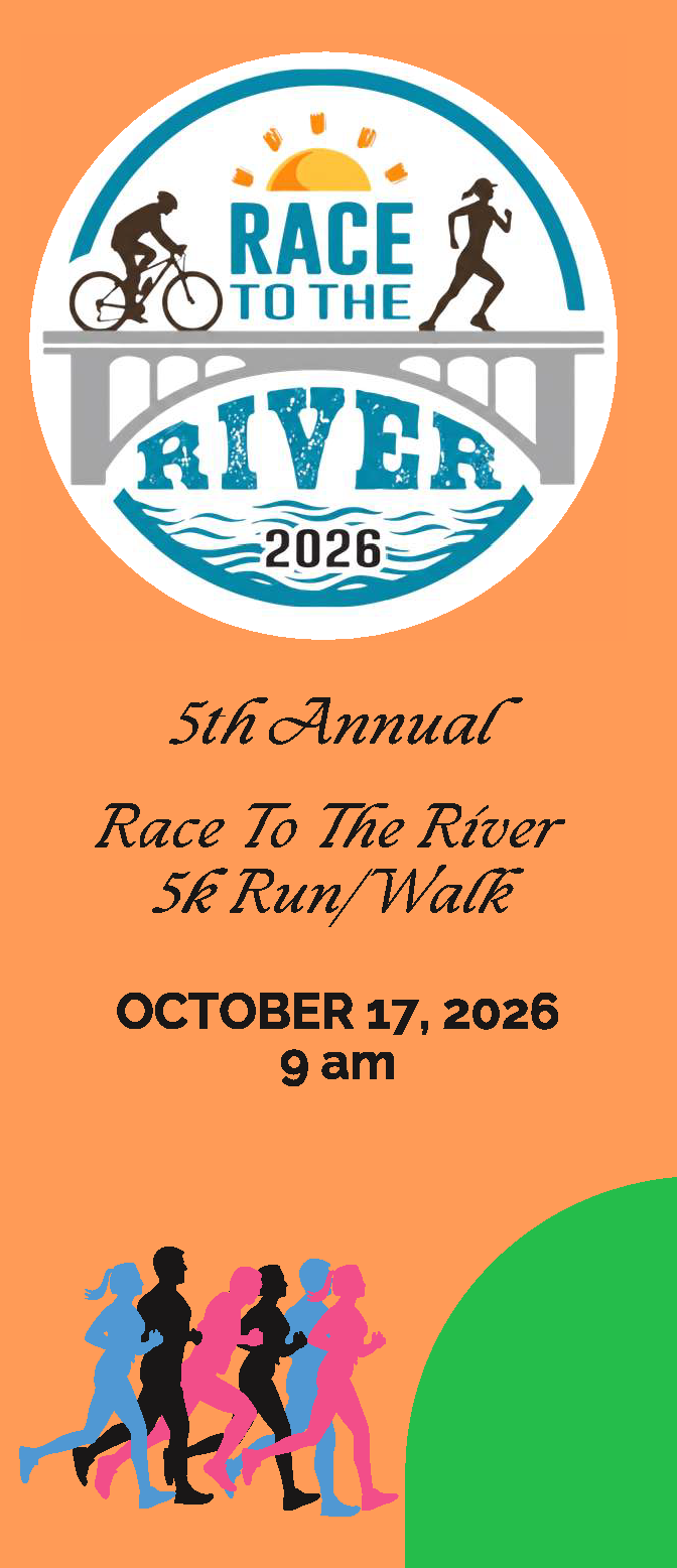 RTTR Brochure 9.10.26_Page_1 Cover of the 5th Annual Race to the River 5K Run/Walk brochure. Event is October 17, 2026, at 9 a.m. Graphic features the Race to the River 2026 logo and silhouettes of runners.